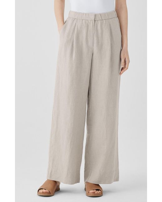Eileen Fisher Natural Pleated High Waist Organic Linen Wide Leg Pants