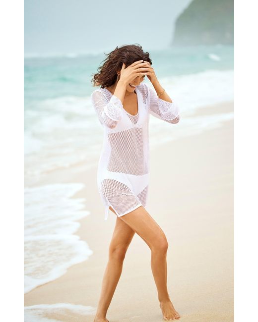 Sea Level White Surf Long Sleeve Sheer Mesh Cover-up Minidress