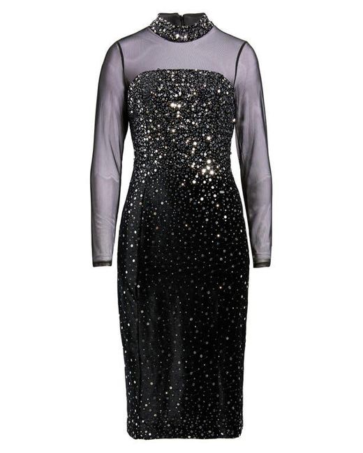 Eliza J Black Mixed Media Sequin Long Sleeve Cocktail Midi Dress