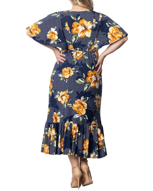 Kiyonna Blue Madrid Floral Flutter Sleeve Maxi Dress