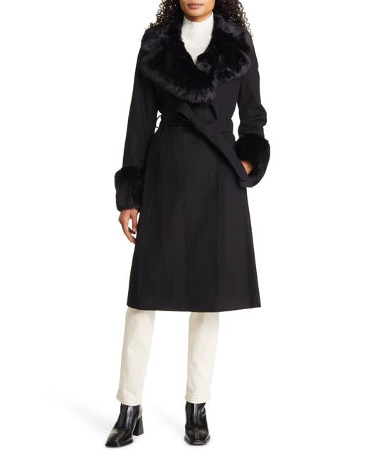 Via Spiga Longline Coat With Faux Fur Trim in Black | Lyst