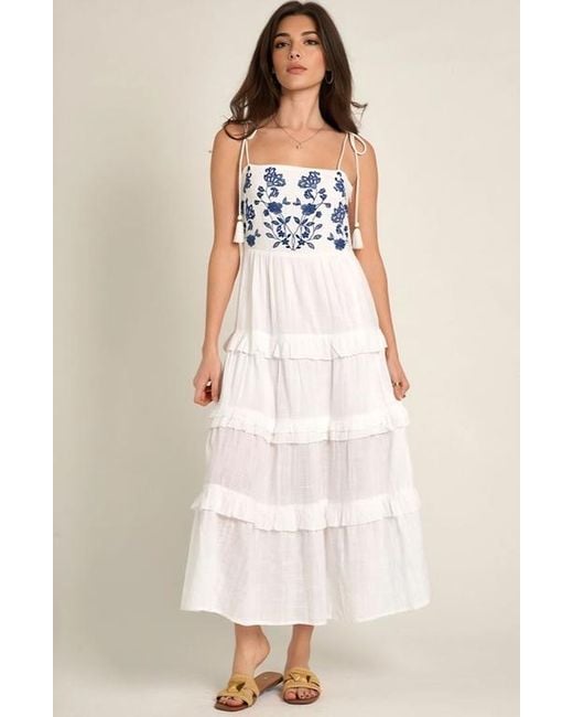 Knit & Lounge White Tiered Maxi Dress With Embroidered Bodice
