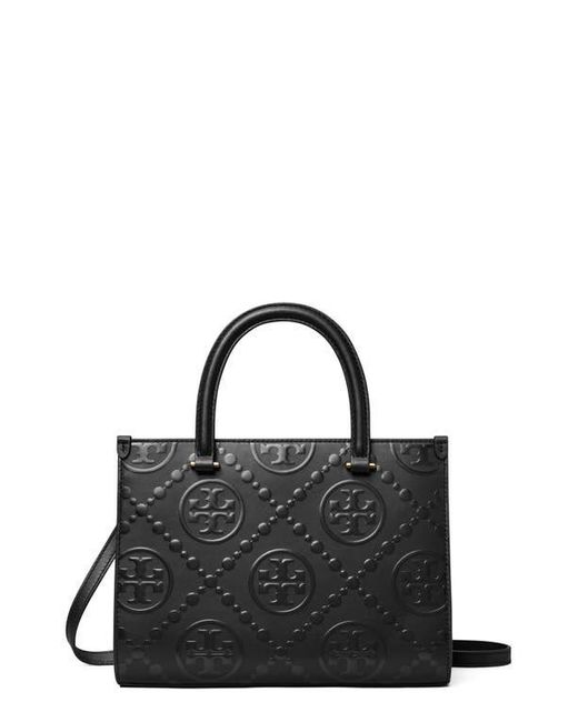 Tory Burch Black T Monogram Embossed Jacquard Square Tote