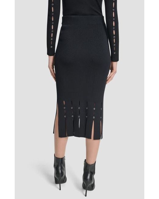 DKNY Black Grommet Trim Fringe Hem Sweater Midi Skirt