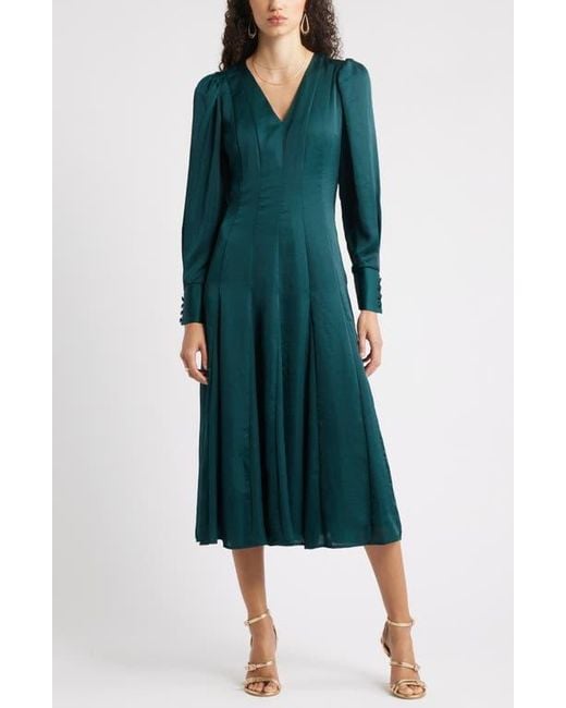 green satin midi dress with sleeves Tie Neck Satin Midi Dress-Green Fir, Peony Bloom