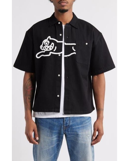 ICECREAM Black Running Dog Short Sleeve Denim Graphic Button-Up Shirt for men
