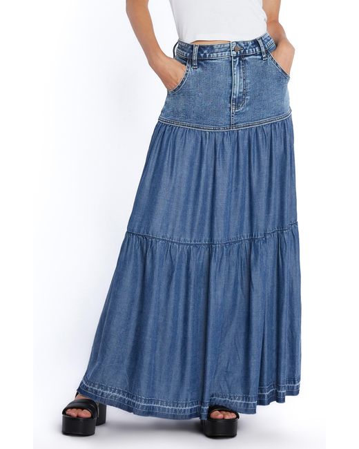 Wash Lab Denim Contrast Tiered Denim Maxi Skirt in Blue Lyst