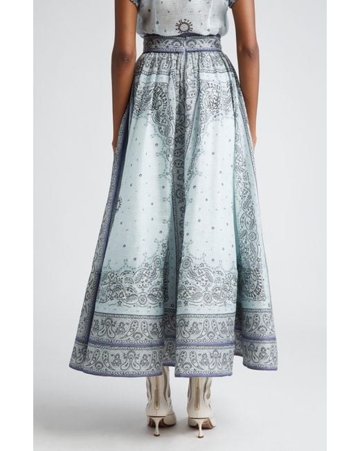 Zimmermann Blue Matchmaker Gathered Linen & Silk Maxi Skirt