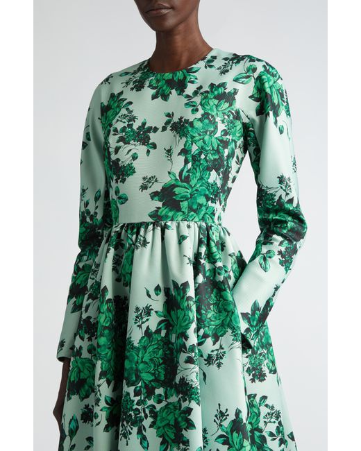 Emilia Wickstead Green Annie Floral Long Sleeve Taffeta Faille A-line Dress