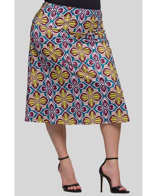 24seven Comfort Apparel Blue Geo Print Elastic Waist Midi Skirt