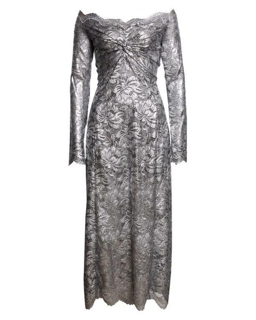 Rabanne Gray Metallic Long Sleeve Stretch Lace Dress