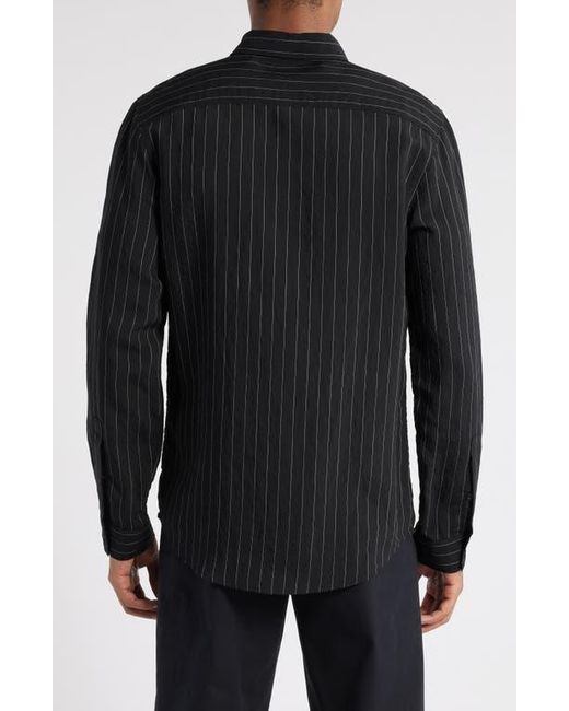 Open Edit Black Textured Pinstripe Button-Up Shirt for men
