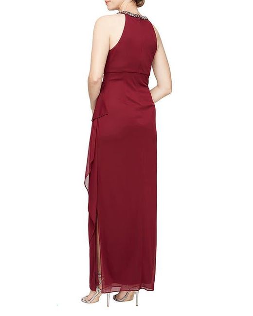 Alex Evenings Red Embellished Halter Ruched Column Formal Gown