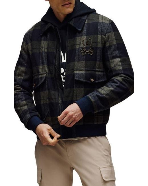 Psycho Bunny Men's Black Gavin Plaid Wool Blend Bomber Jacket