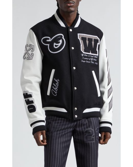 Off-White c/o Virgil Abloh Black Leather & Virgin Wool Blend Varsity Jacket for men