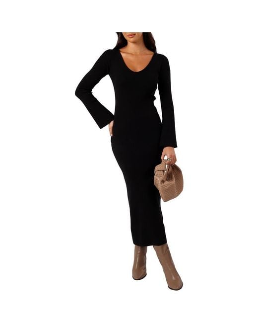 Petal Pup Women's Black Lina V-Neck Long Sleeve Midi Sweater Dress
