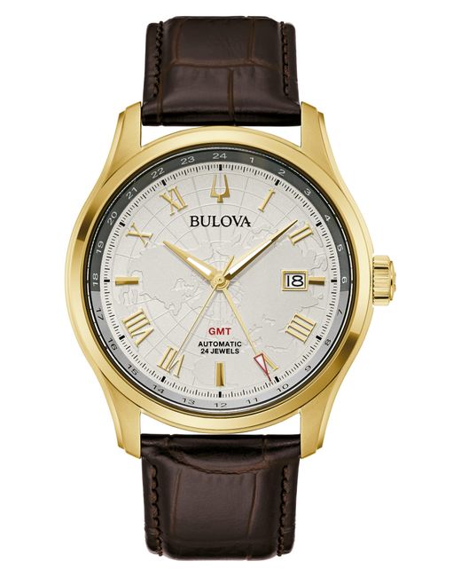 Bulova Black Wilton Gmt Automatic Leather Strap Watch for men
