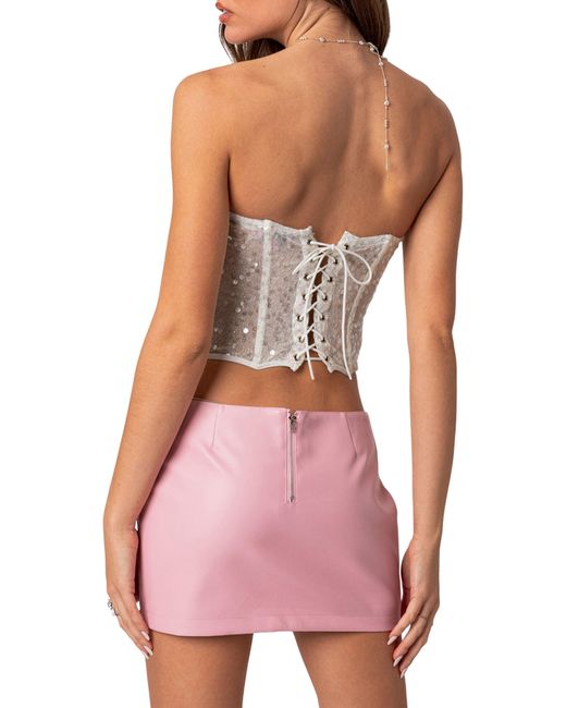 Edikted White Sequin Lace-up Strapless Corset Crop Top
