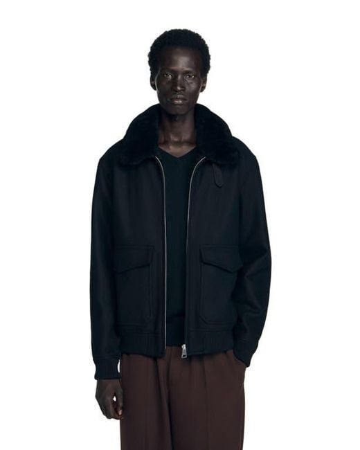 Sandro Blue Wool Aviator Jacket With Shearling for men