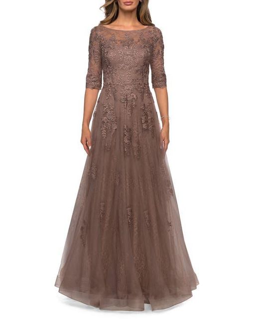 La Femme Brown Lace And Tulle A-Line Gown With Three Quarter Sleeves