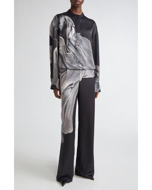 Jason Wu Black Dancing Pleat Print Satin Straight Leg Pants