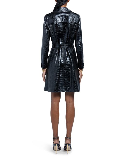 Tom Ford Black Belted Double Breasted Croc Embossed Leather Trench Coat