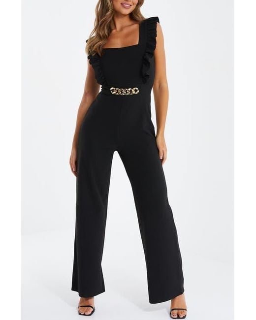 Quiz Blue Scuba Crepe Chain Front Frill Jumpsuit