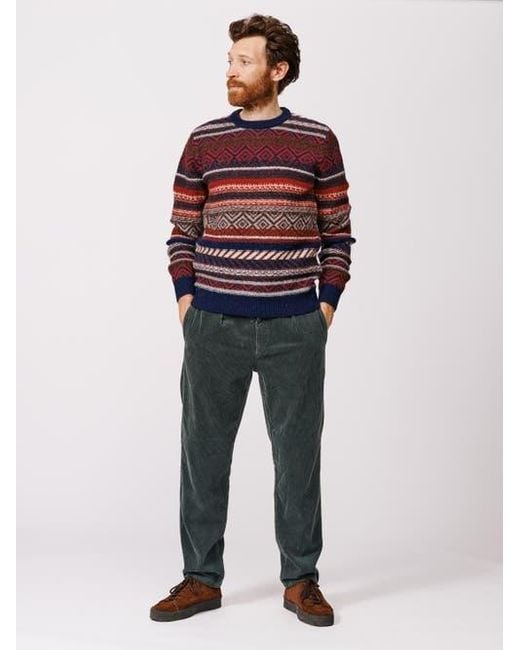 aubi Red Fair Isle Crew Neck Wool Sweater for men