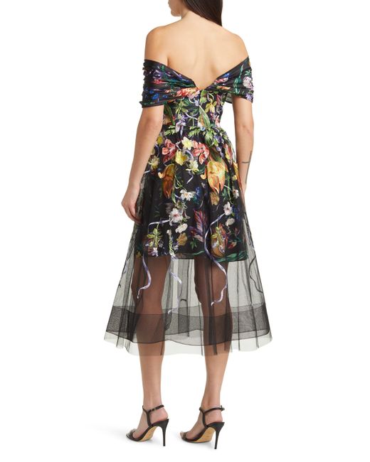 Marchesa Black Embroidered Floral Off The Shoulder Midi Dress