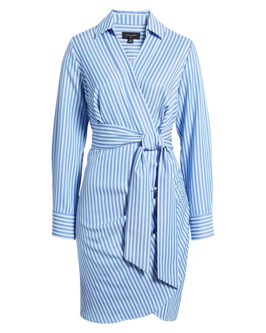 Tahari Blue Stripe Long Sleeve Faux Wrap Dress