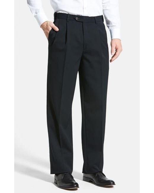 Berle Black Self Sizer Waist Pleated Classic Fit Wool Gabardine Dress Pants for men