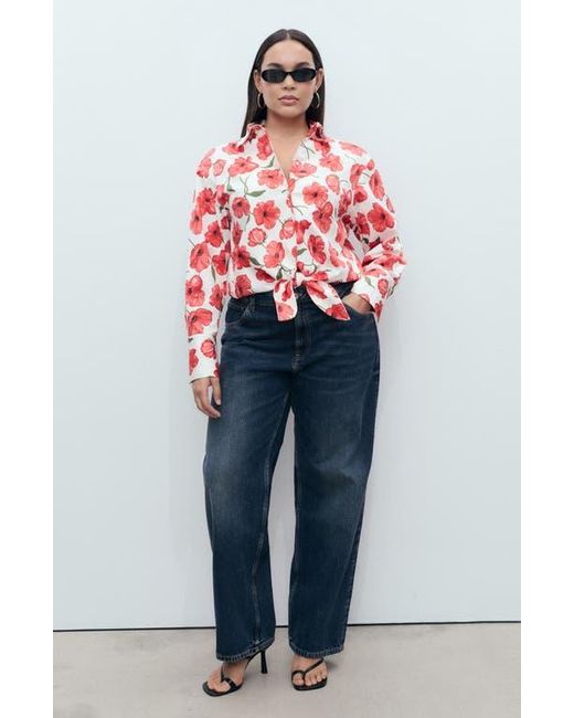 Mango Red Floral Print Cropped Button-Up Shirt