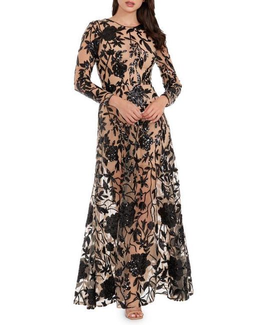 Dress the Population Black Ava Sequin Floral Embroidered Long Sleeve Gown