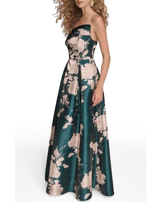 Donna Karan Women's Green Floral Print Strapless Satin Gown