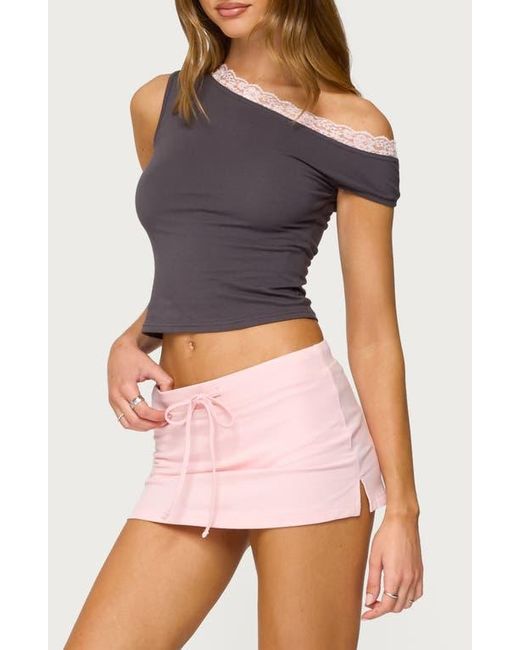 Edikted Multicolor Contrast Lace Trim One-Shoulder Stretch Cotton Crop Top