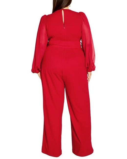 City Chic Women's Red Belted Sheer Long Sleeve Jumpsuit