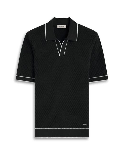 Bugatchi Black Johnny Collar Basket Stitch Cotton Blend Polo Sweater for men