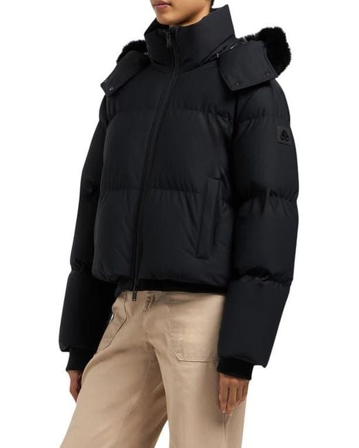 Moose Knuckles Black Misti Water Repellent & Wind Resistant Down Puffer Jacket With Removable Genuine Shearling Trim