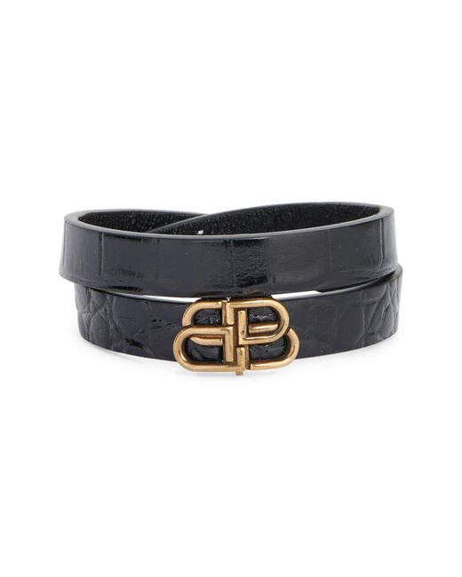 Balenciaga Black Double-b Logo Leather Wrap Bracelet