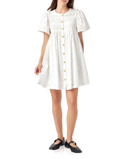 English Factory White Embroidered Cotton Eyelet Button-up Babydoll Dress