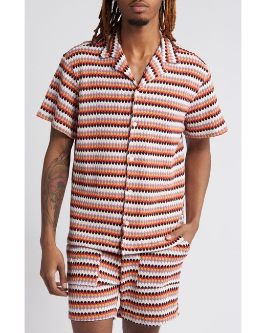 KROST Red Stripe Pointelle Short Sleeve Knit Button-up Shirt for men