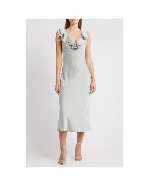Wayf White Lida Ruffle Cap Sleeve Satin Midi Dress