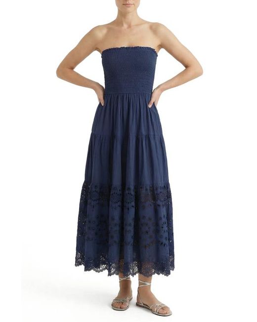 Change of Scenery Women's Blue Kristen Smocked Embroidered Tiered Midi Dress Change of Scenery Women's Blue Kristen Smocked Embroidered Tiered Midi Dress