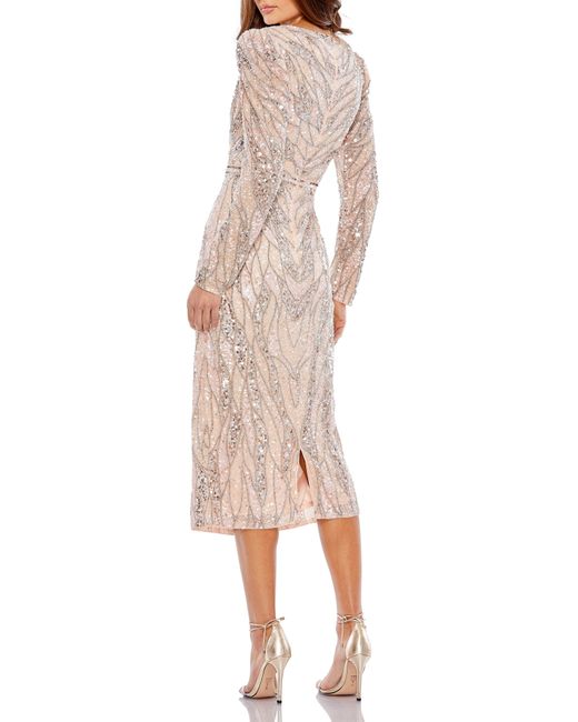 Mac Duggal Natural Shatter Sequin Long Sleeve Sheath Cocktail Dress