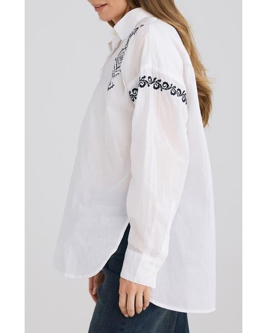 Talisman the Label White Flamenco Placed Embroidery Cotton Button-Up Shirt