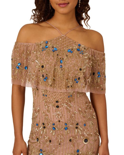 Adrianna Papell Brown Beaded Cold Shoulder Gown