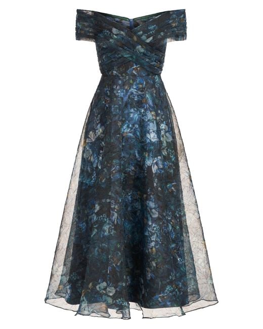 THEIA Blue Auden Off The Shoulder Organza Midi Dress