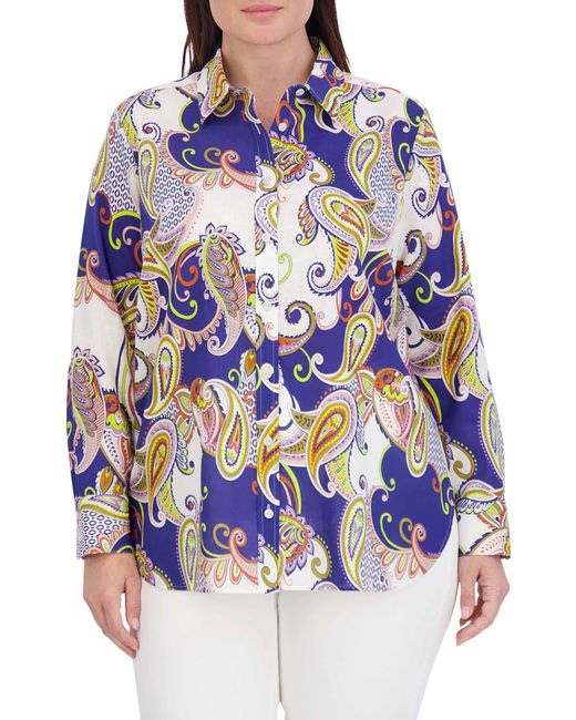 Foxcroft Blue Meghan Paisley Print Linen Blend Button-up Shirt