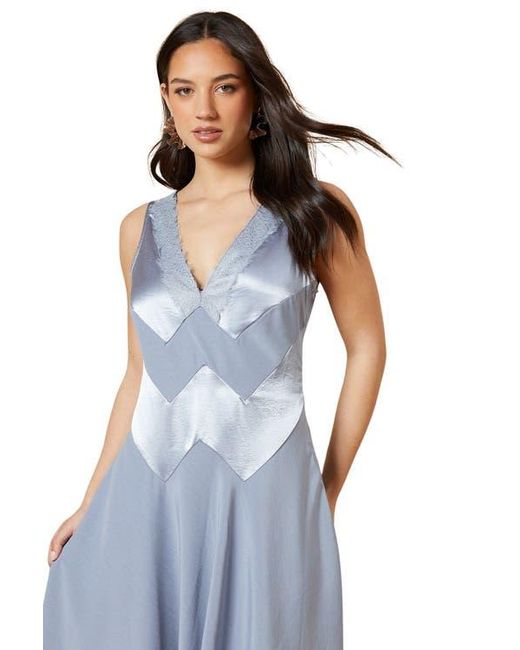 Oasis Blue V-Neck Mesh Asymmetric Midi Dress