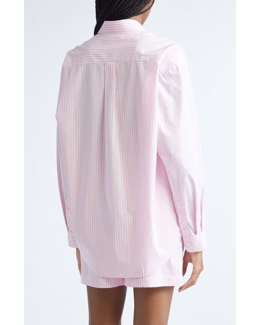 Sporty & Rich Pink Eden Script Stripe Cotton Button-Up Shirt